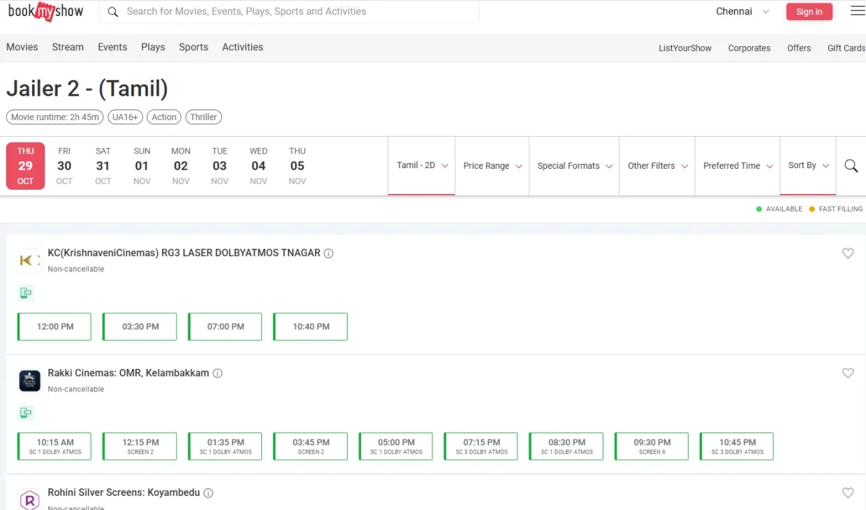 BookMyShow movie selection and cinema showtime booking screen