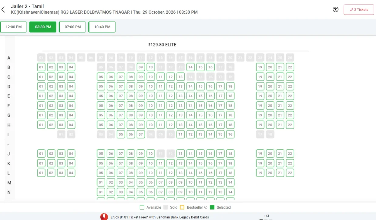 BookMyShow movie ticket seat selection and booking confirmation