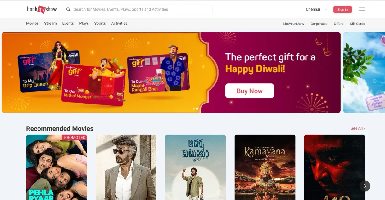 BookMyShow official website for movie ticket booking in India