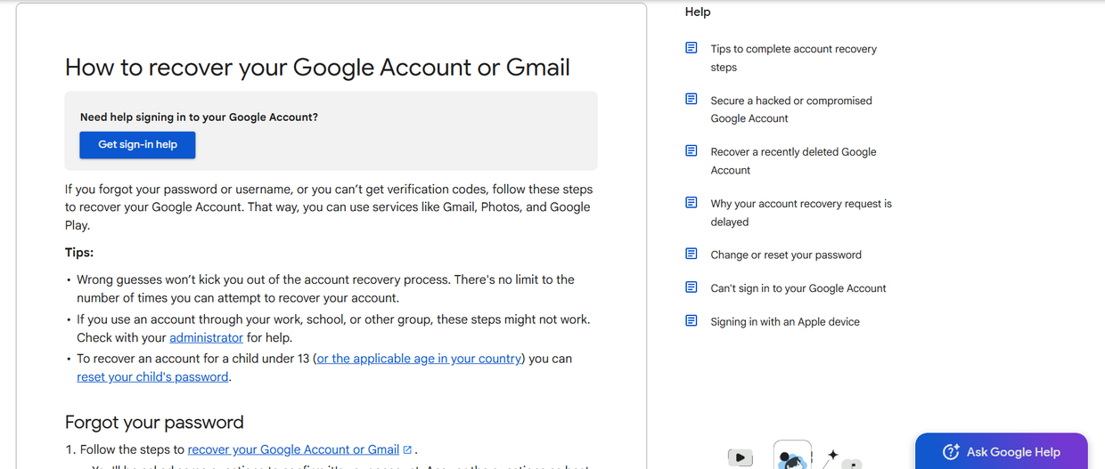 Google Account Password Recovery சிக்கல்களைத் தீர்ப்பதற்கான அதிகாரப்பூர்வ உதவிப் பக்கம்