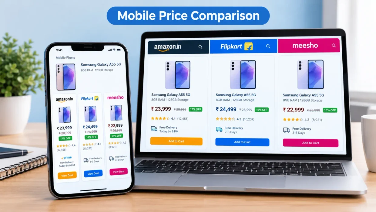 Mobile phone price comparison Amazon Flipkart Meesho India