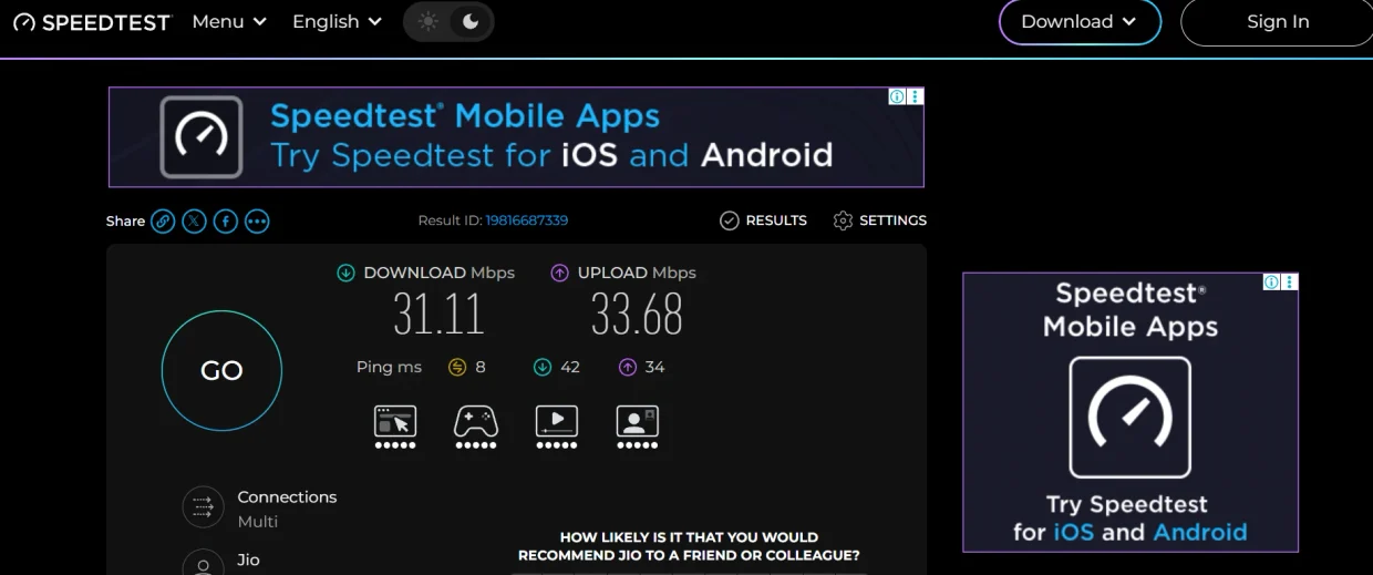 Speedtest மூலம் Download Speed Upload Speed மற்றும் Ping சோதனை