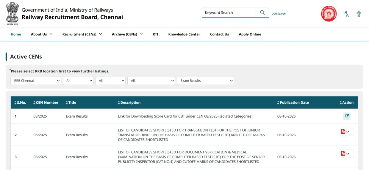 RRB அதிகாரப்பூர்வ இணையதளத்தில் ரயில்வே தேர்வு முடிவுகள்