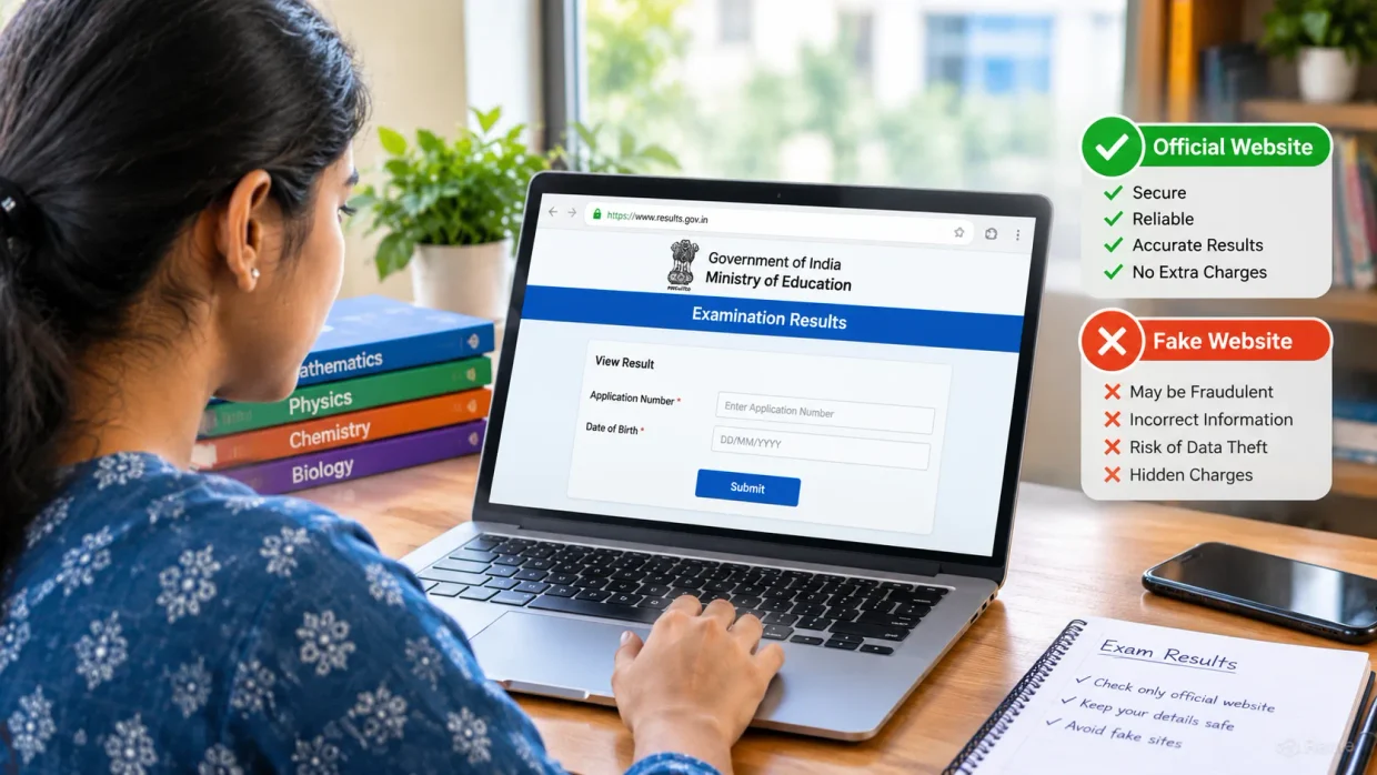 சர்க்காரி ரிசல்ட் சரிபார்க்க அதிகாரப்பூர்வ இணையதளம் மற்றும் போலி இணையதளத்தை ஒப்பிடும் படம்